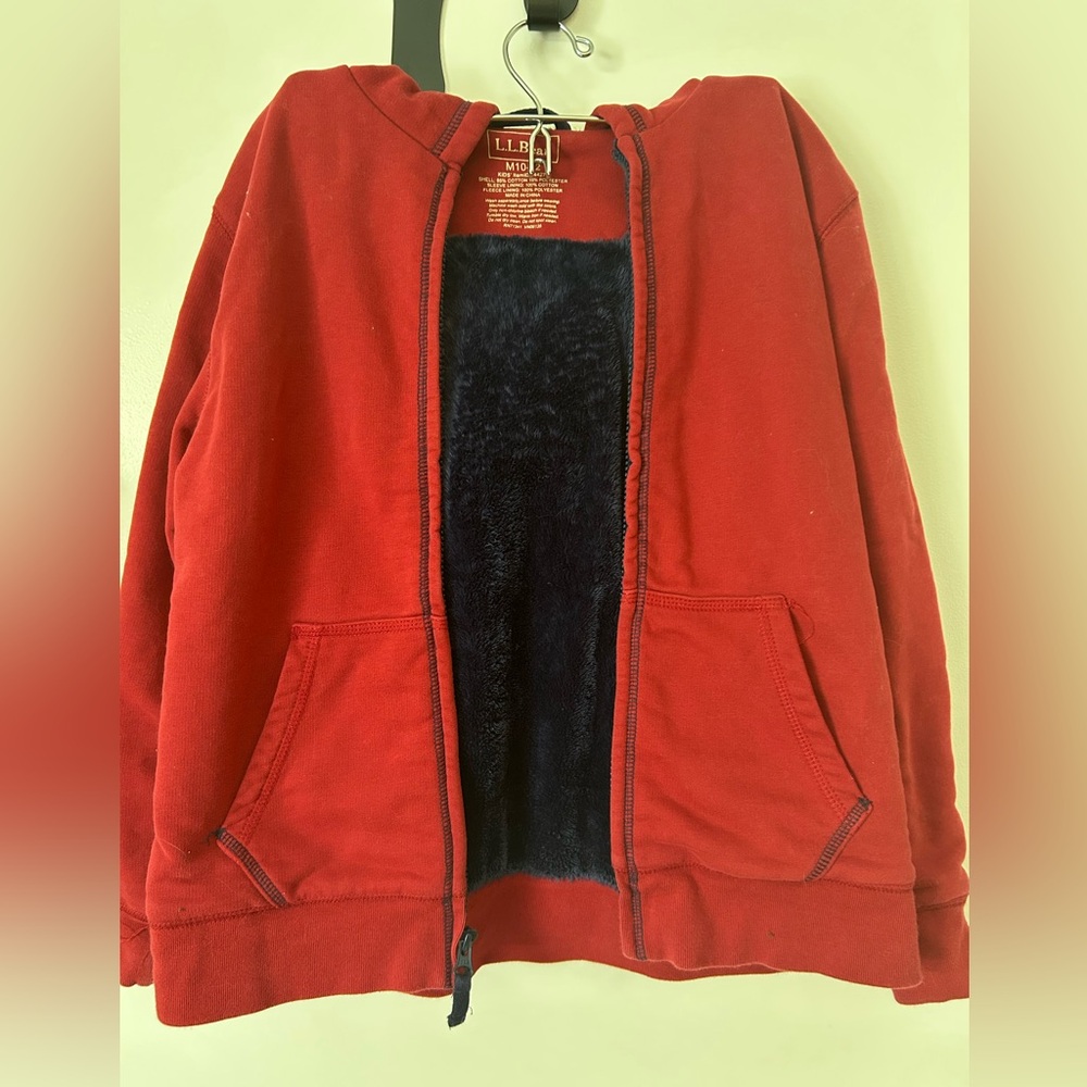 LL Bean Kids zip up hoodie size Medium 10/12 Red w Navy